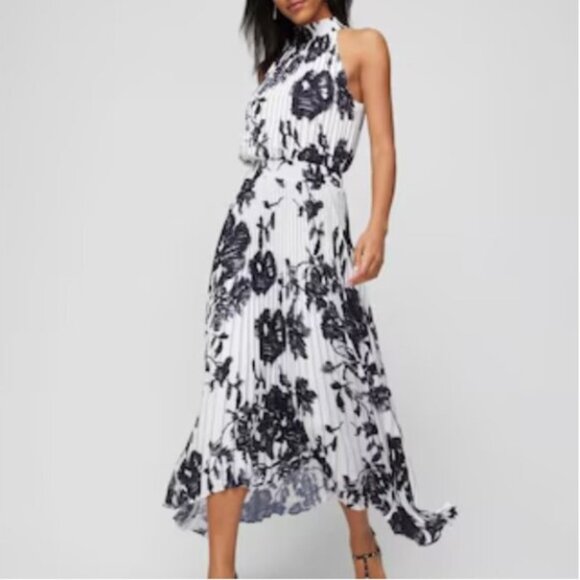 White House Black Market Dresses & Skirts - *NWT* WHBM Pansy Sketch Black & Ecru Sleeveless Halter Pleated Midi Dress Sz 4P